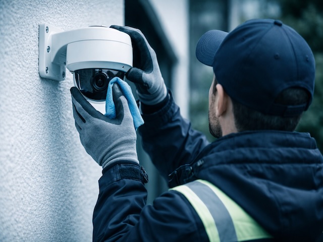 Инженер проводит техническое обслуживание камер видеонаблюдения